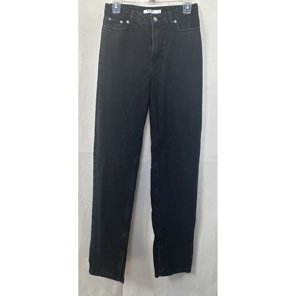 NA-KD Scandi Side Slit Denim Jeans Black High Rise Straight Leg Sz. US 27 EU 36‎
